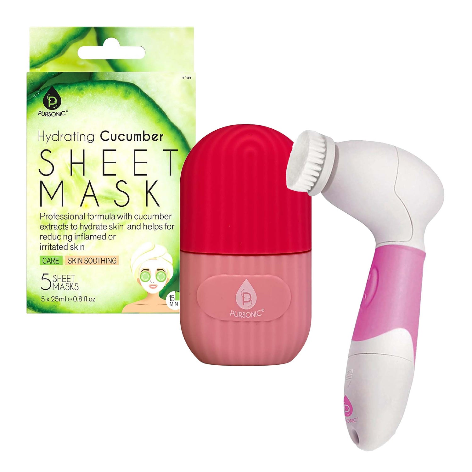 De-Puff Skin Set – Ice Cube Facial Roller, Hydrating Cucumber Sheet Masks & Advanced Cleansing Brush-0